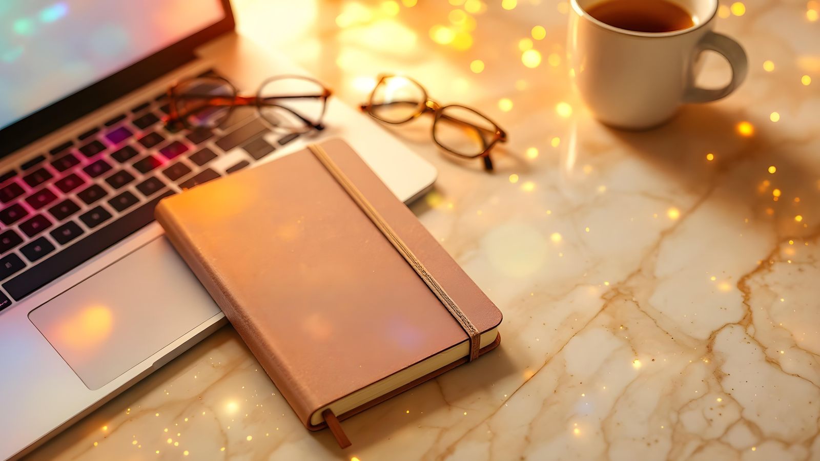 Slight Future editorial workspace — keyboard, terminal, and notebook on a warm desk